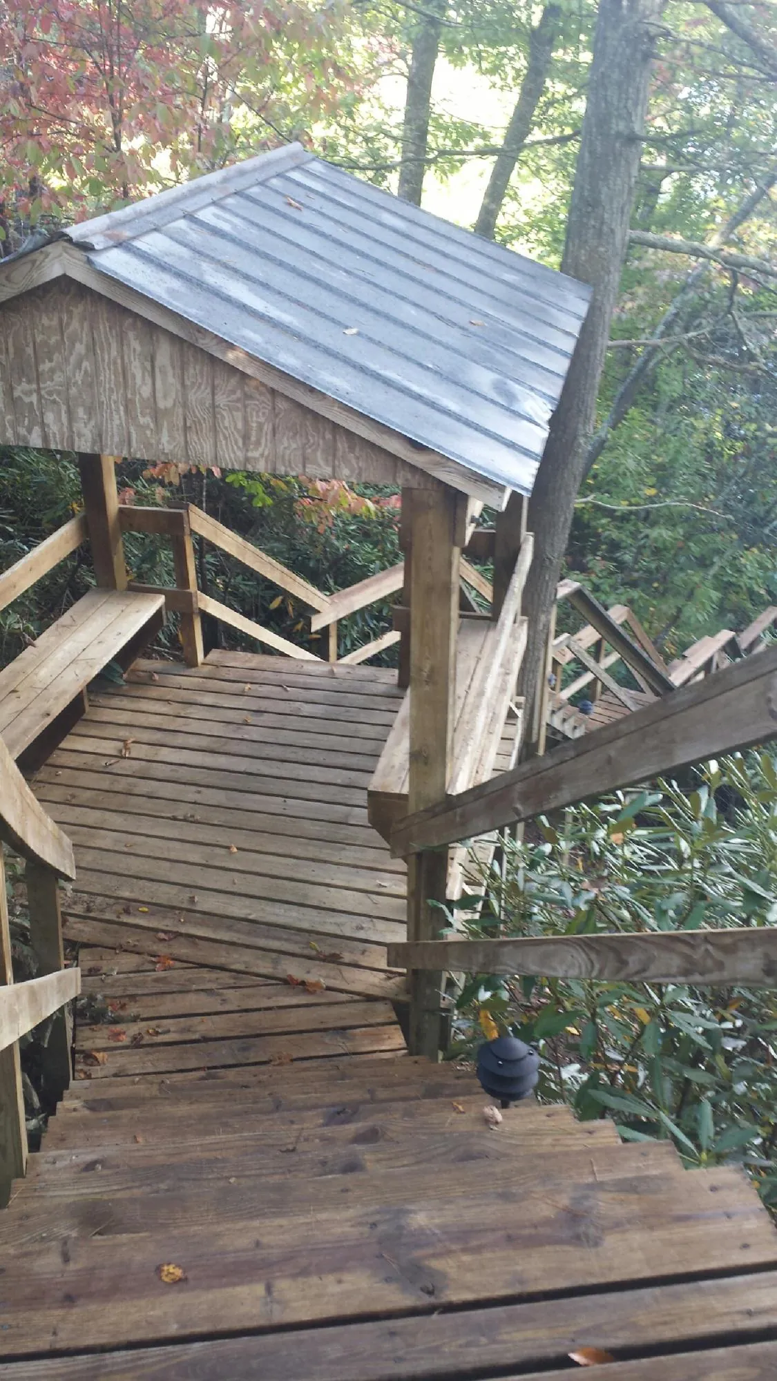 Metal roofed shelter over wooden steps on a wooded walkway — Skylight Repair & Installation work by our crew in Conesville